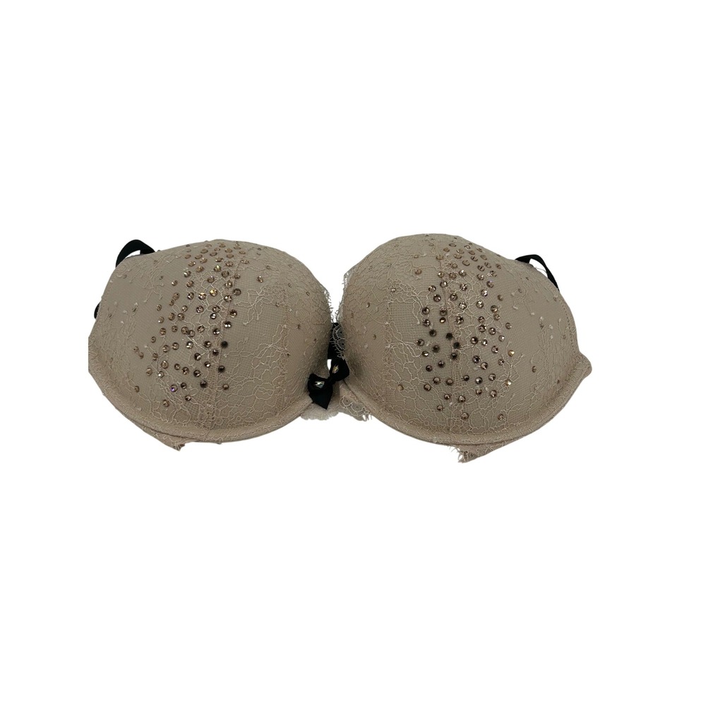 Victorias Secret Beige Lace Rhinestone Push Up Bra 34DD Black Strap Eyelash Trim